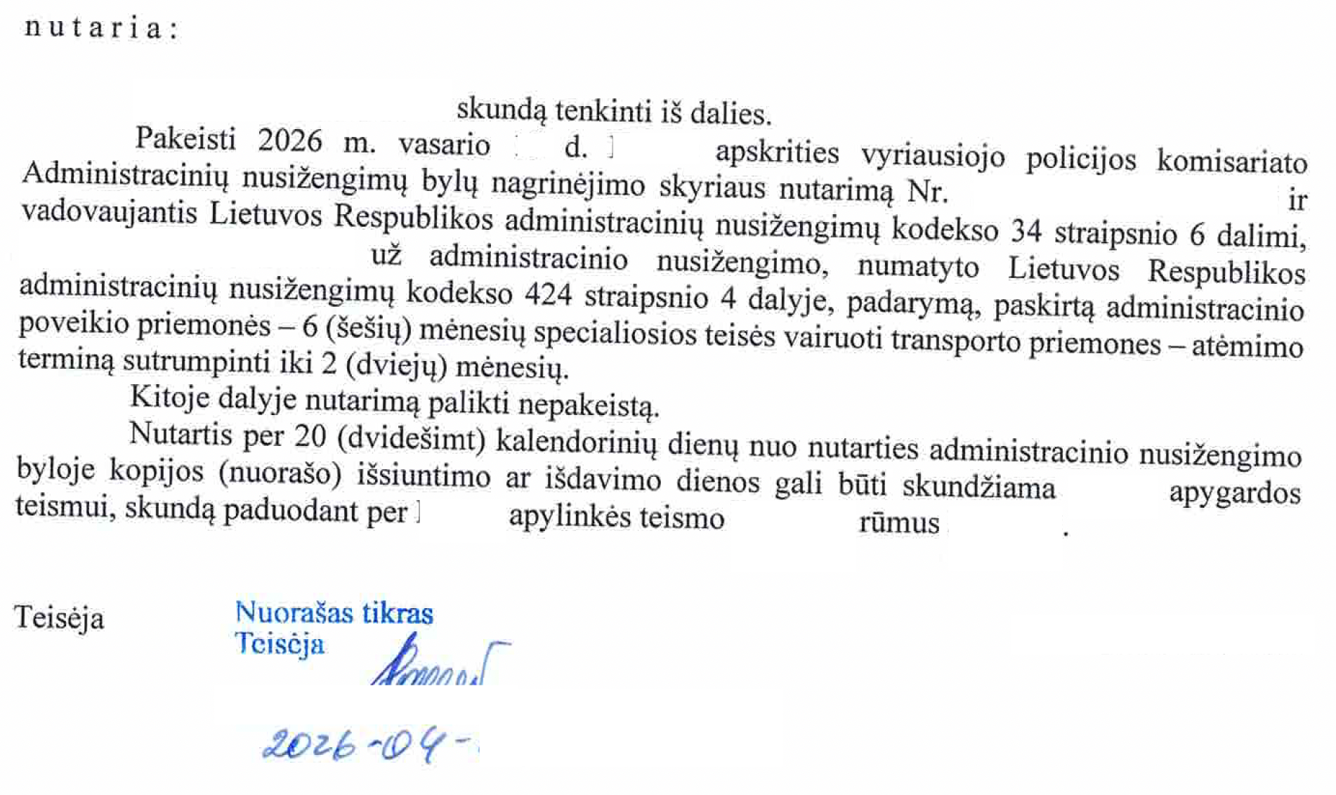 Teismo sprendimo rezoliucinė dalis