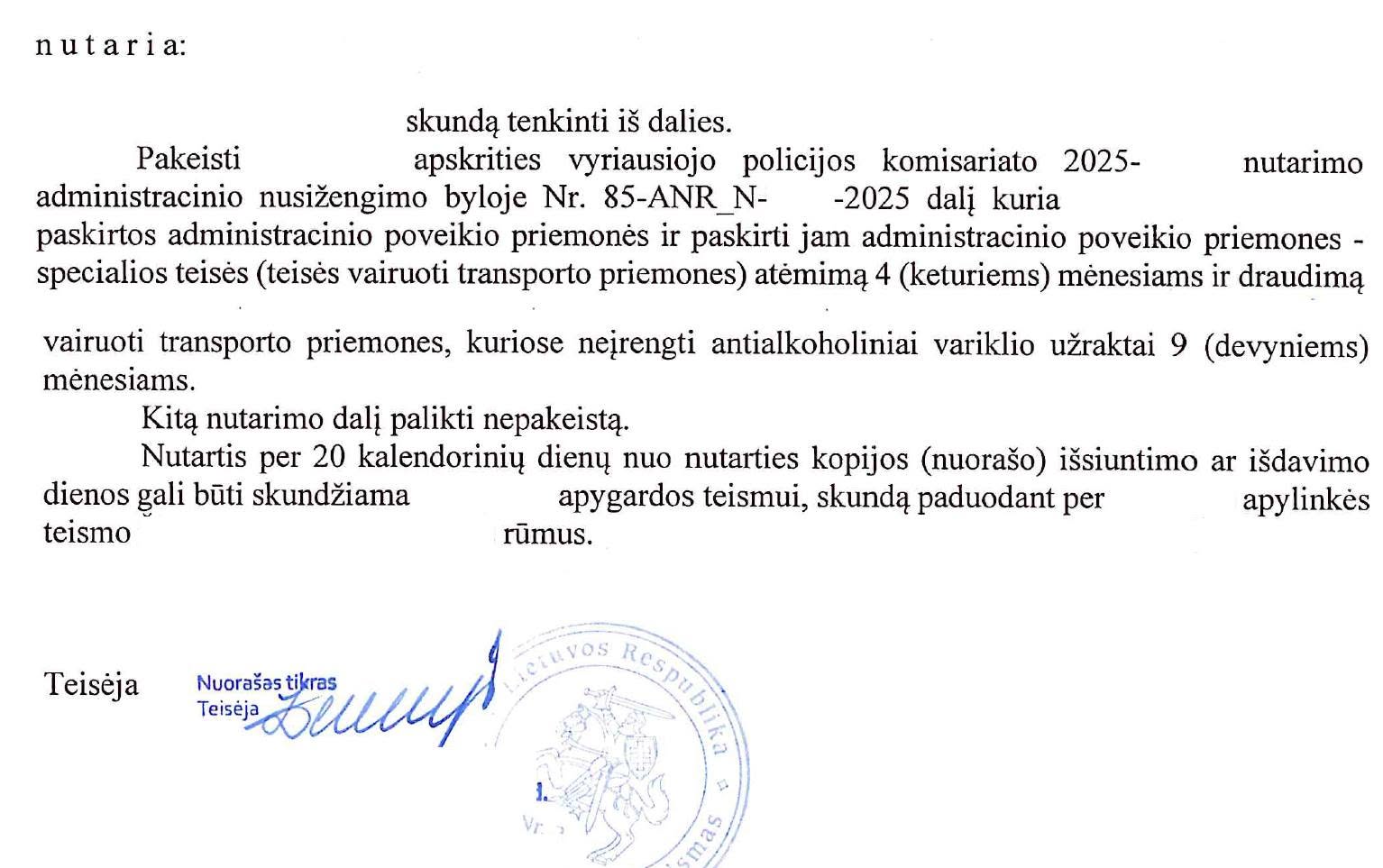 Teismo sprendimo rezoliucinė dalis